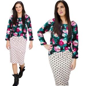 H&M Divided Floral Print Jersey Woven Sweater With Long Sleeves Black Sz Small